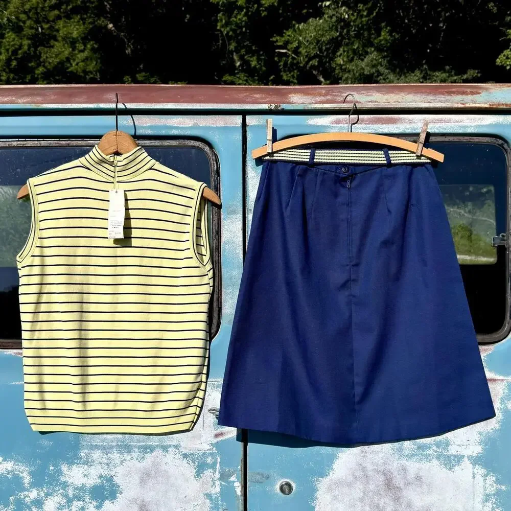 60s yellow & navy stripe 3 piece set mock neck tank midi skirt reversible belt